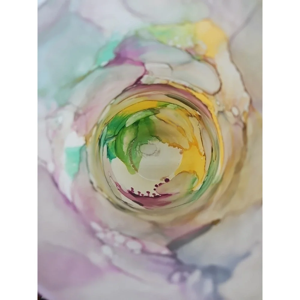Unique Art Glass Vase Swirls Purple Green Yellow Abstract Design Accent‎ Decor